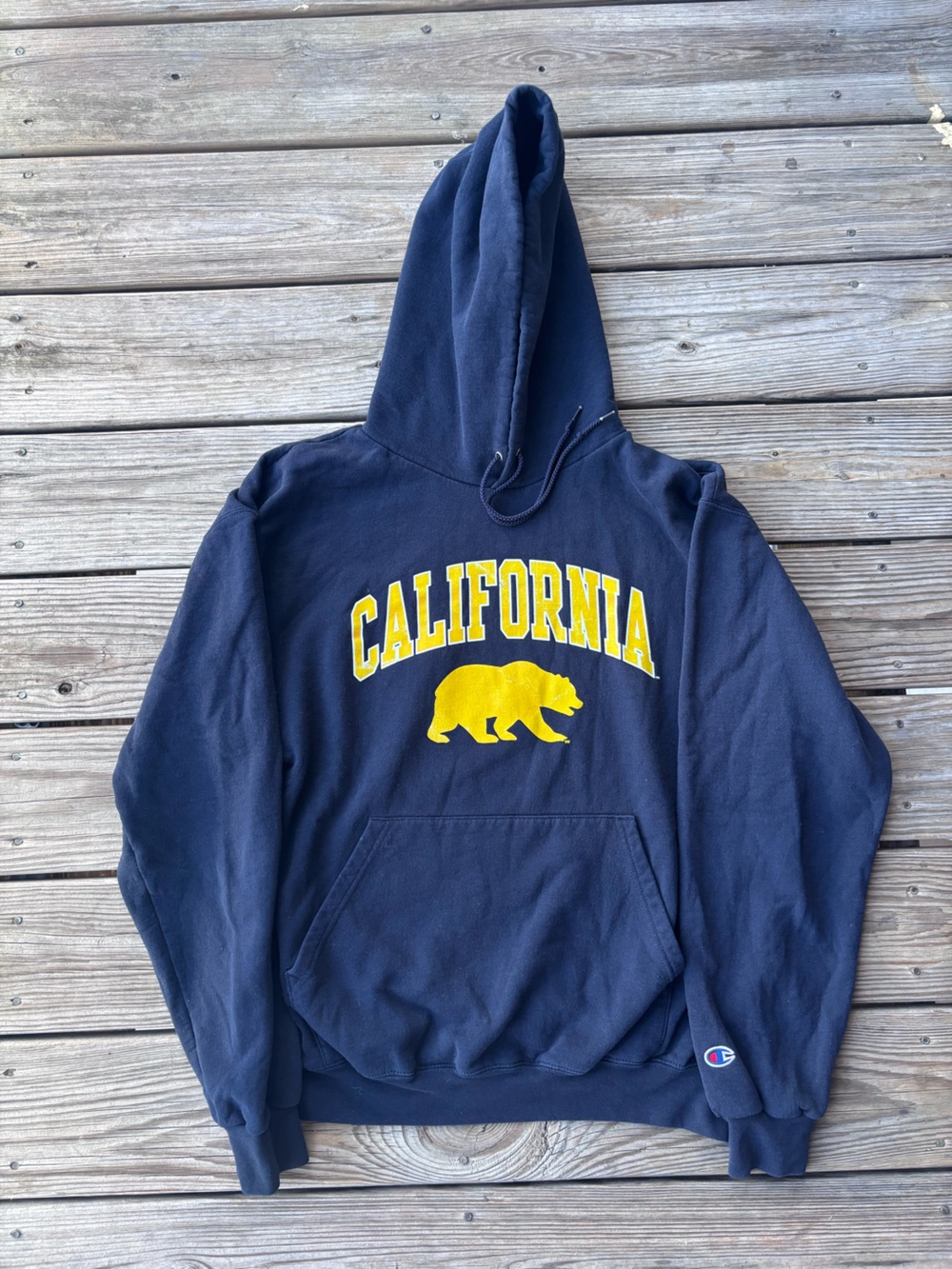Vintage Champion Navy Hoodie with Yellow California Bear Graphic